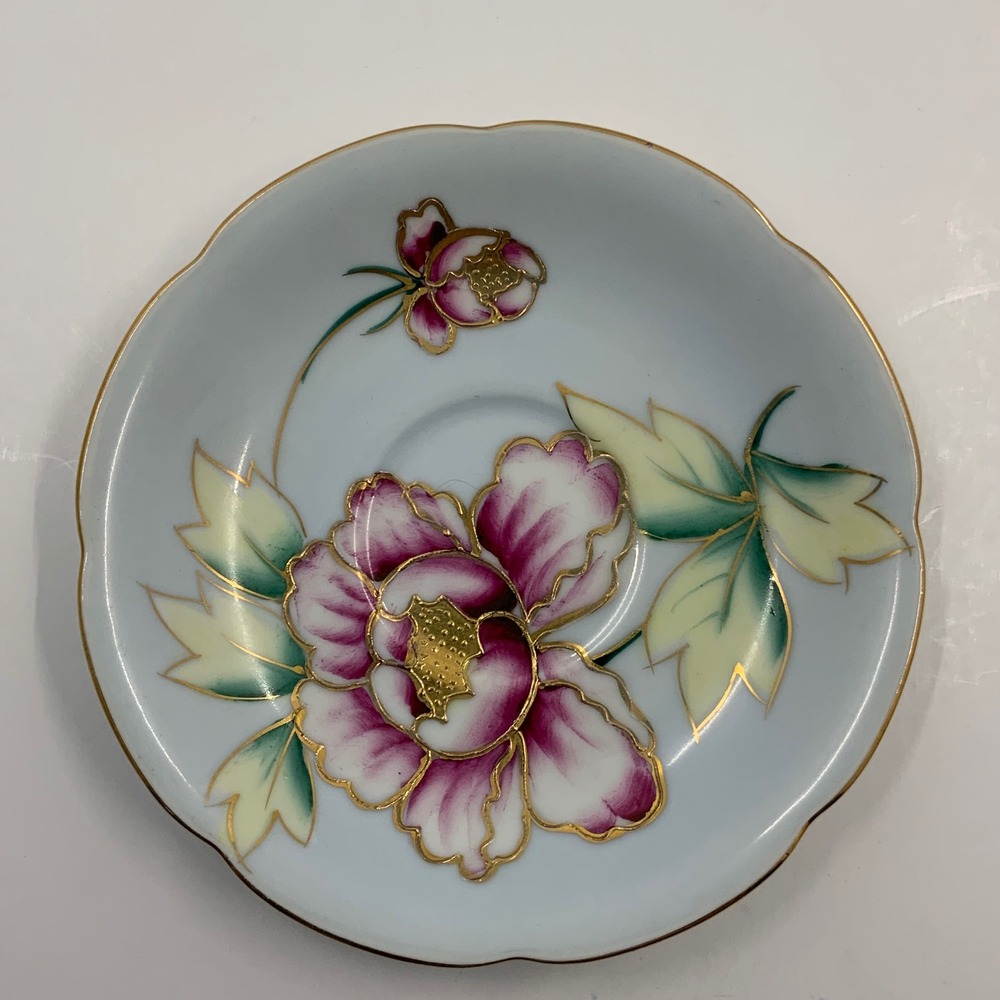 Vintage Made in Japan Peony Floral Moriage Porcelain Blue Gold 5.5 Inch Saucer